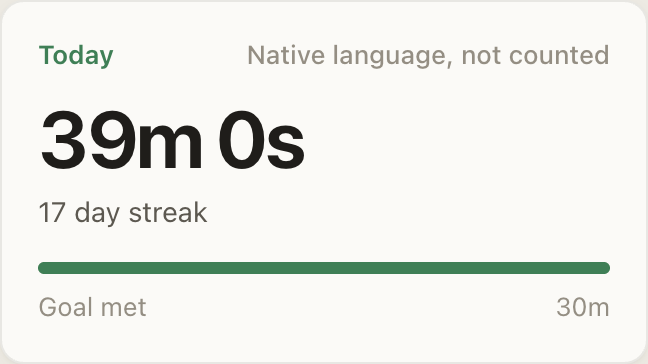 The Today card reading 'Native language, not counted' while an English video plays